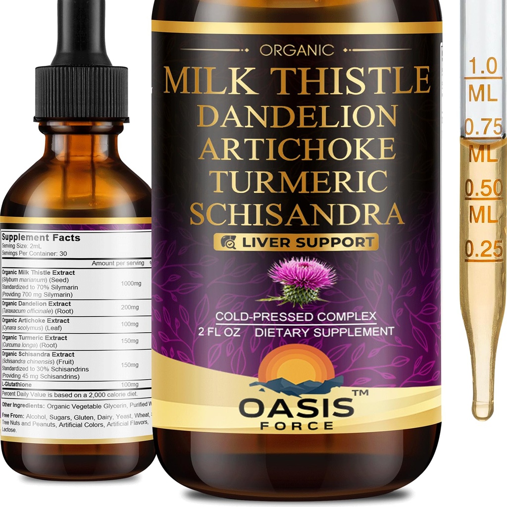 Extracto de la leche orgánica líquido para la limpieza del hígado Detox " Reparación, Silymarin Milk Thistle Drops Suplemento con Dandelion " Artichoke para soporte para el hígado, Vegan, Sin alcohol, 2 FL OZ