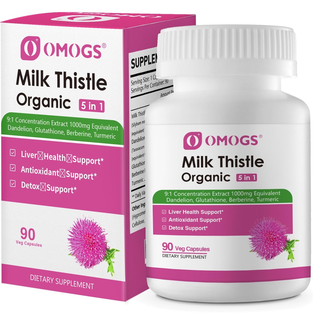 OMOGS Organic Milk Thistle, Herbal Liver Support Milk Thistle Supplement, with Dandelion Root, Glutathione, Berberine HCL &Turmeric, Support Liver Cleanse Detox " Repair, 90 Capsules