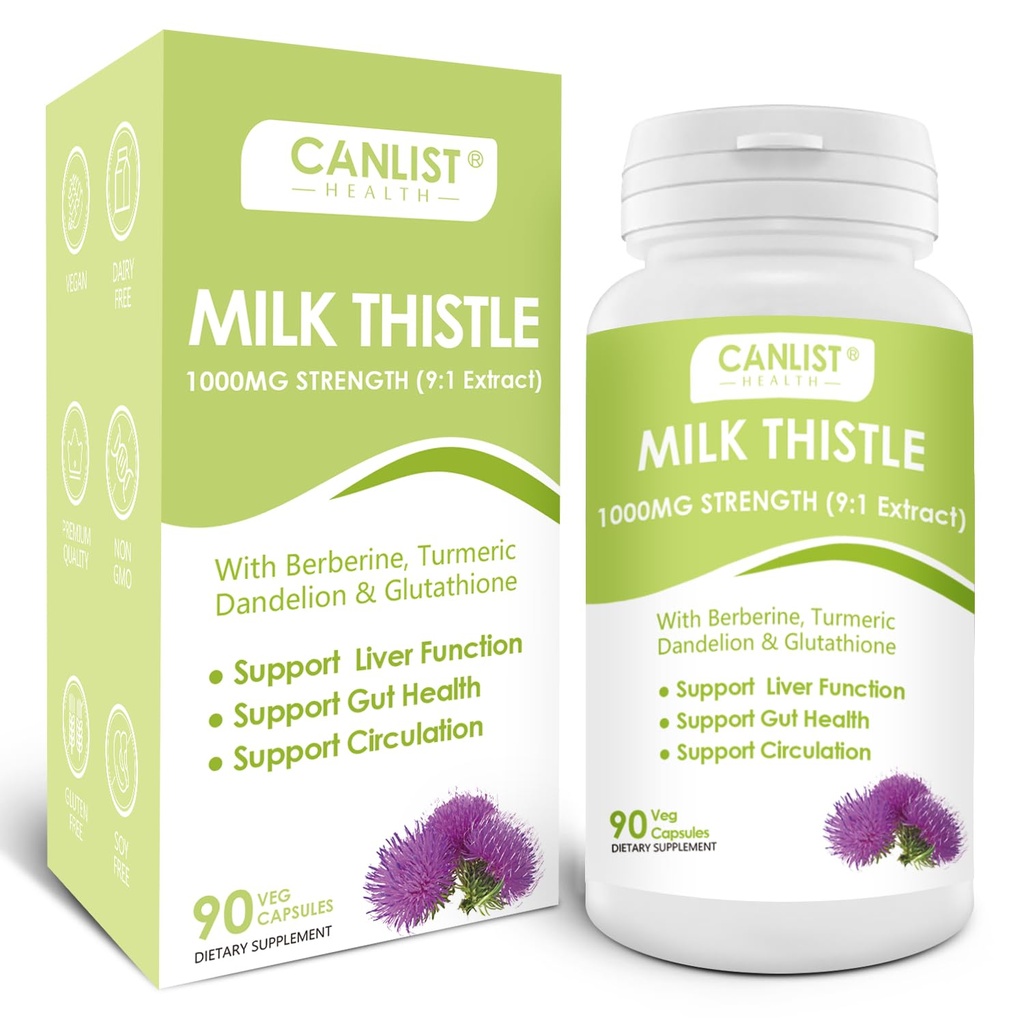 Esteto de leche CANLIST Capsules 1000mg, Potent 9:1 Extract, Liver Health Support, Detox &amp; Cleanse, Antioxidant & Gut Health, Non-GMO, Gluten-Free, 90 cápsulas