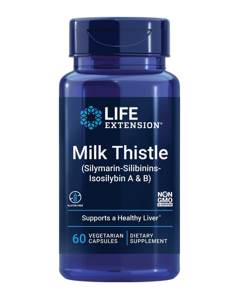 Extensión de la vida Milk Thistle, silymarin, silibinins, isosilybin A & B, Ofrece beneficios completos de esteto de leche para la salud del hígado, no GMO, libre de gluten, vegetariano, 60 cápsulas