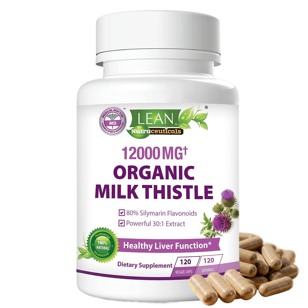 Milk Thistle Liver Cleanse Detox &amp; Repair Support Organic Supplement, 12000 Mg 120 Day 30X Seed Extract with Silymarin, MD Super Ultra Herbal Kidney Lung Renew Aid Health Pills, 120 Capsules