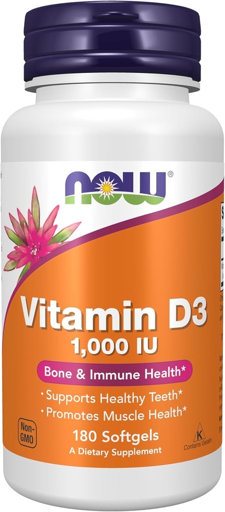 AHORA Alimentos, vitamina D-3, alta potencia, 1.000 UI, 180 Softgels