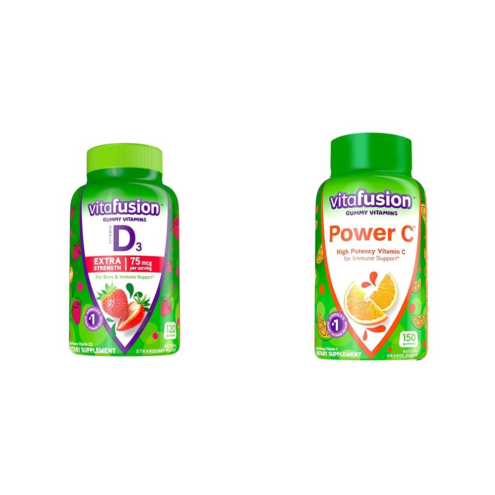Vitafusion Extra Strength Vitamin D3 Gummy &amp; Power C Vitamina C Gummies for Immune Support, Orange Flavored, 282 mg Vitamina C, America’s Number 1 Gummy Vitamin Brand, 50 Day Supply, 150 Count