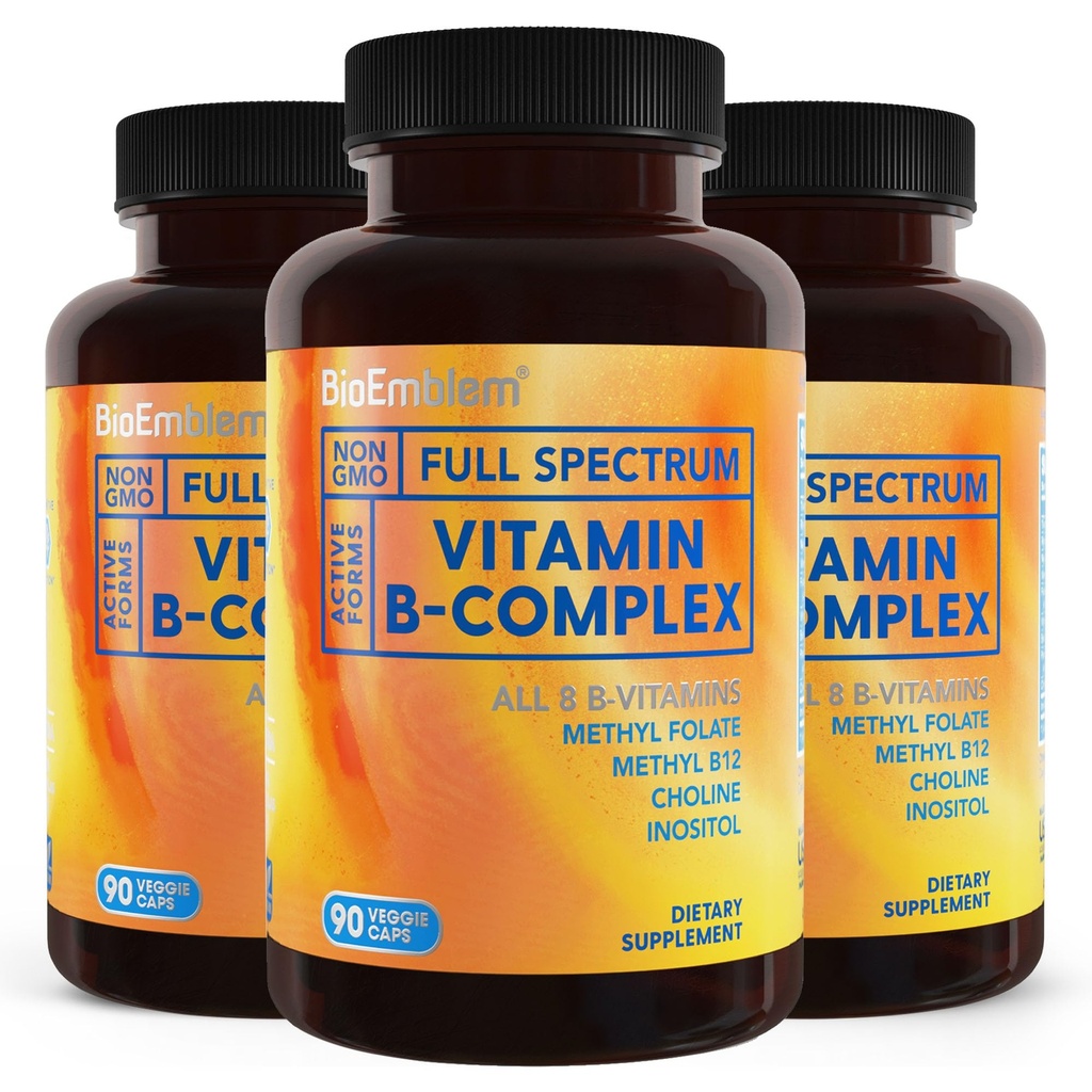 BioEmblem B Complejo Vitaminas ◾ Fórmula B-Vitamin completa con formas activas metiladas tóxicas Apoyo a la energía, la claridad mental y la salud inmunitaria ← Non-GMO, Vegan, libre de soja, libre de gluten