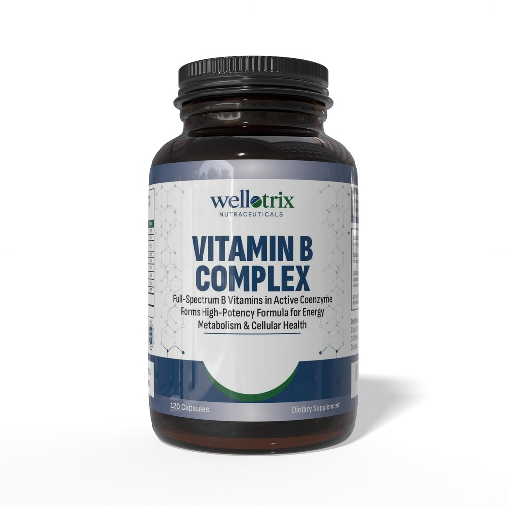 Wellotrix Advanced B-Complex – Full Spectrum of 8 Essential B Vitamins (B1, B2, B3, B5, B6, B7, B9) en Active Coenzyme Forms – Supports Energy Metabolism & Cellular Health – 120 Capsules
