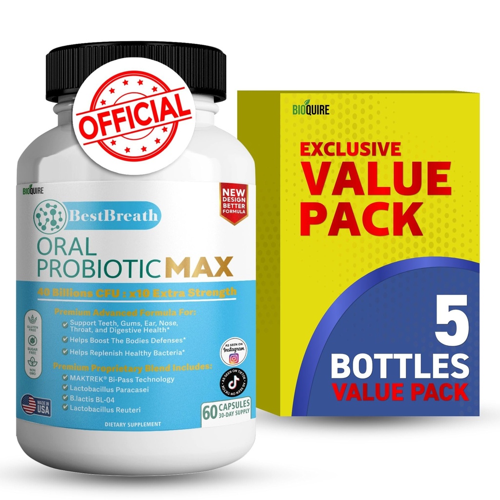 BestBreath Oral Probiotic MAX - 40 Billion CFU - Soporte para dientes, gomas, oído, nariz, garganta &amp; salud digestiva - 60 cápsulas (5)