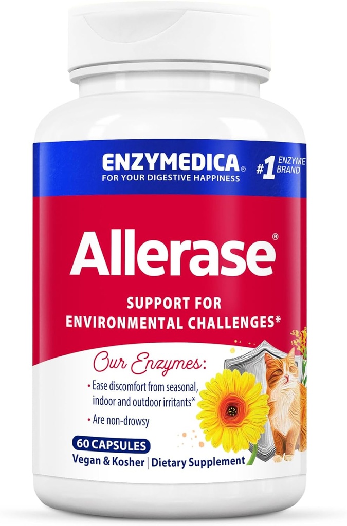 Enzymedica, Allerase, non-Drowsy Enzyme Suplemento para ayudar a aliviar la acumulación de moco estacional, 60 Conde