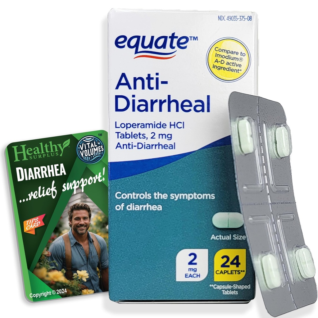 Saludable Superplus Equate Anti-Diarrheal Loperamida HCI 2 mg 24 cápsulas y volumen vital Consejos Card