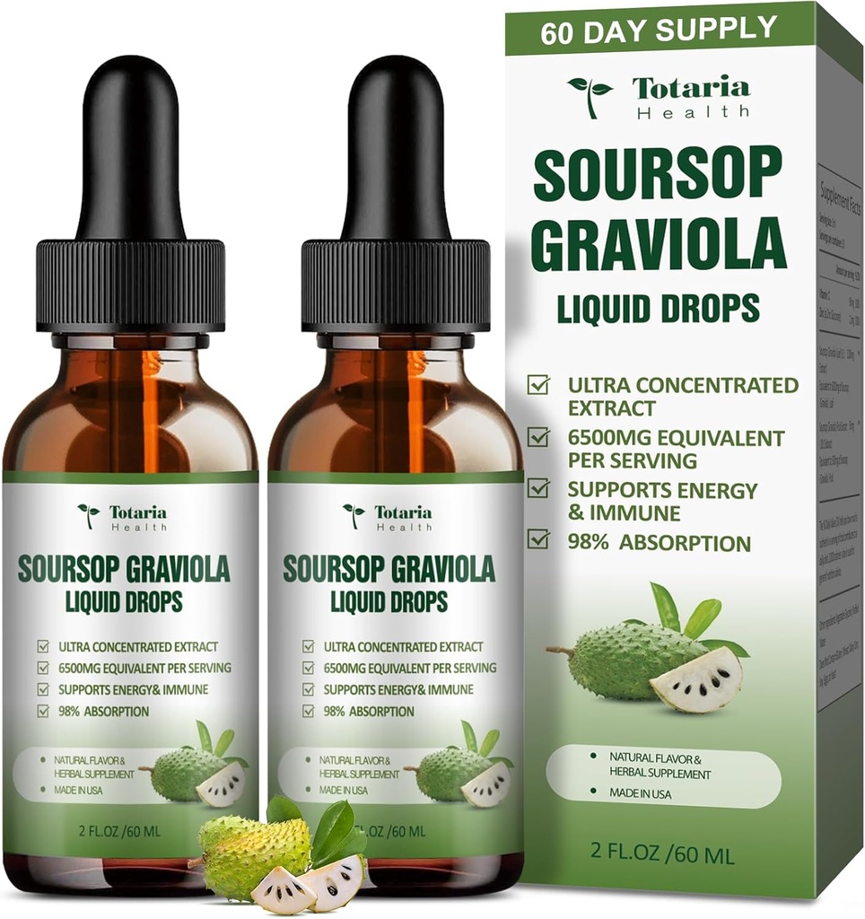 (2 Packs) Pure Soursop Graviola Liquid Drop Support Digestive Skin Health, Sleep & Antioxidant - Guanabana Aceite Orgánica Hoja Exacto Soursop Bitters Liquid Drops, Natural Flavor, Non-GMO, Vegan, 4 Fl Oz