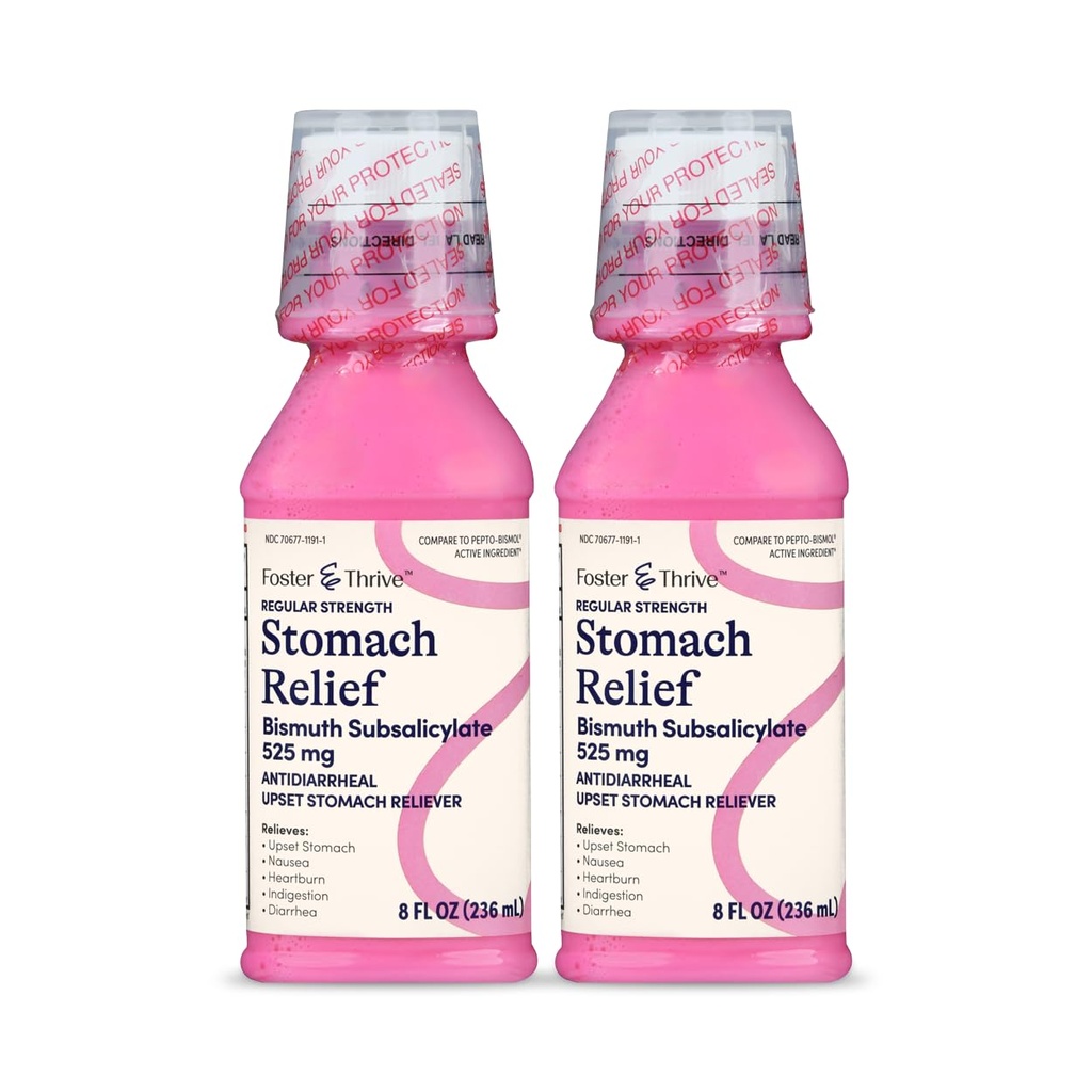 Foster " Thrive Stomach Relief Liquid for Nausea, Heartburn, Indigestion, Upset Stomach, Diarrhea - Fast Relief for 5 Symptoms, Antidiarrheal, Bismuth Subsalicylate 525 mg, Original, 8 oz (Pack of 2)