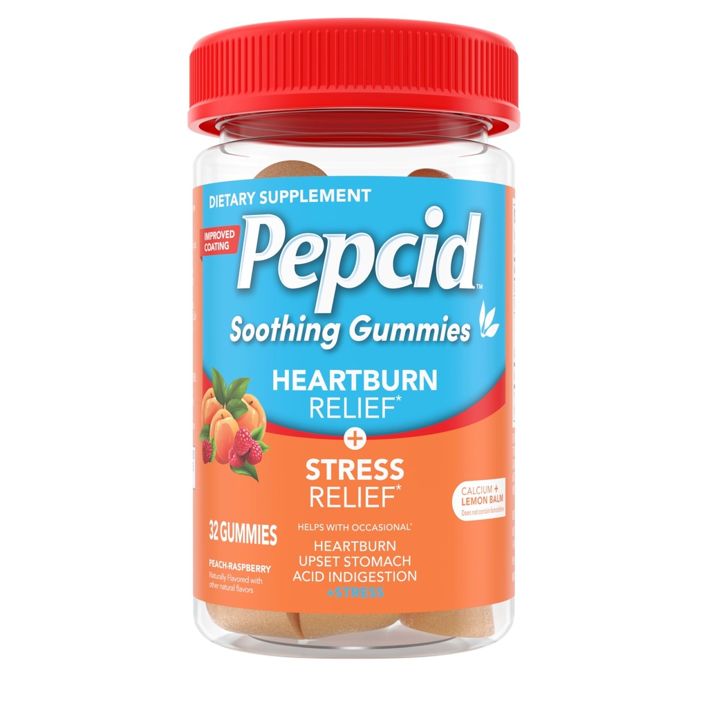 Pepcid Soothing Antacid Gummies, Heartburn Relief + Stress Relief for Occasional Heartburn, Upset Stomach y Acid Indigestion, with Lemon Balm Extract, Tricalcium Phosphate, Peach-Raspberry, 32 ct