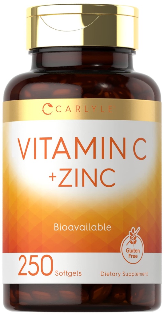 Carlyle Vitamina C con Zinc ← 250 Softgels ← Bioavailable ← Ácido ascórbico tóxico Zinc Oxide ← Non-GMO y Gluten Free Supplement