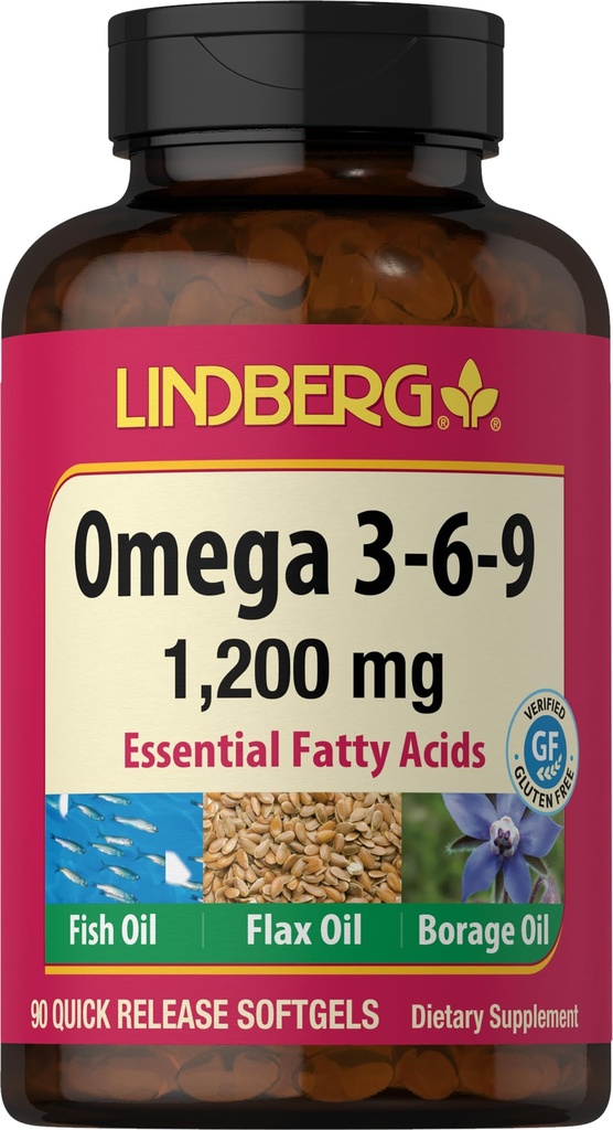 Lindberg Omega 3 6 9 Suplementos TENIDO 1200mg TENIDO 90 Softgels TENIENTES Ácidos grasos esenciales TENIDO CON Pez, Flax y aceite de borrado TENIDO NO GMO, Gluten Free