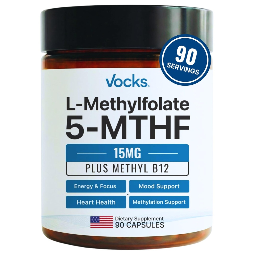 Vocks L Methylfolate 15mg 5-MTHF + Methyl B12 ← High Potency Methylfolate Supplement ← Active Methylated Folate Vitamin B9 ← MTHFR Suplemento permanente Folate Suplemento para Mujeres y Hombres TEN 90 cápsulas