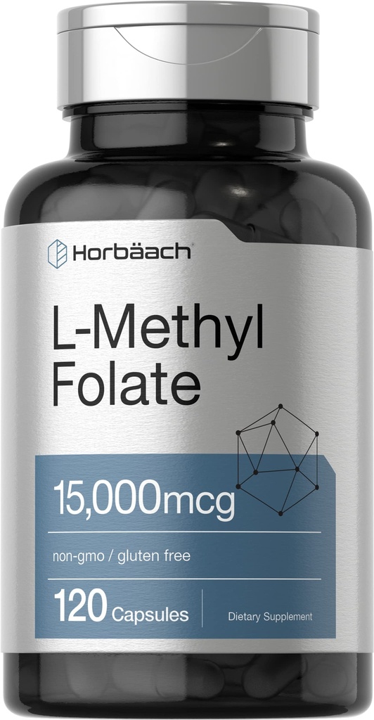 Horbäach L Methylfolate 15000 mcg tención 120 Capsules  15mg Methyl Folate ← 5-MTHF ANTE Non-GMO, Gluten Free Supplement