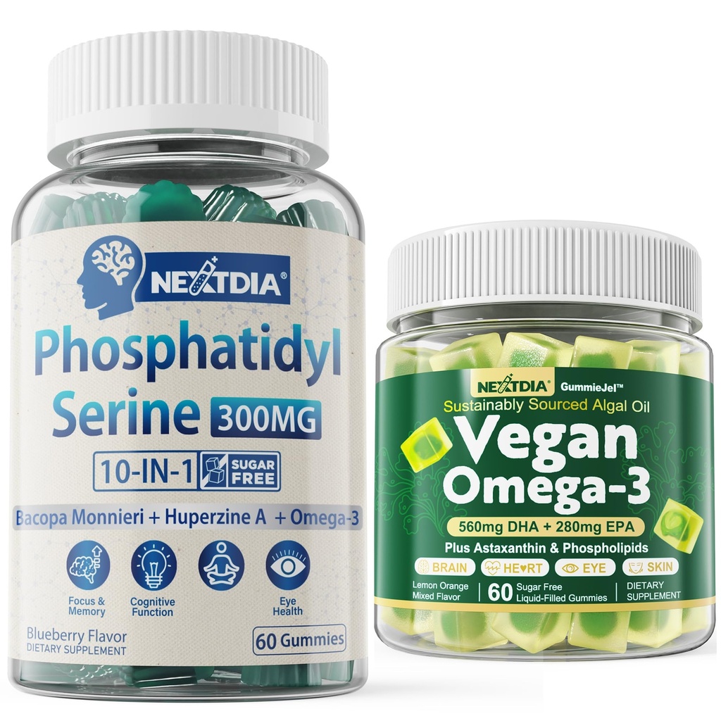 Nextdia Vegan Omega 3 Gummies 1 Pack + Phosphatidylserine Gummies Sugar Gratis 2 Pack