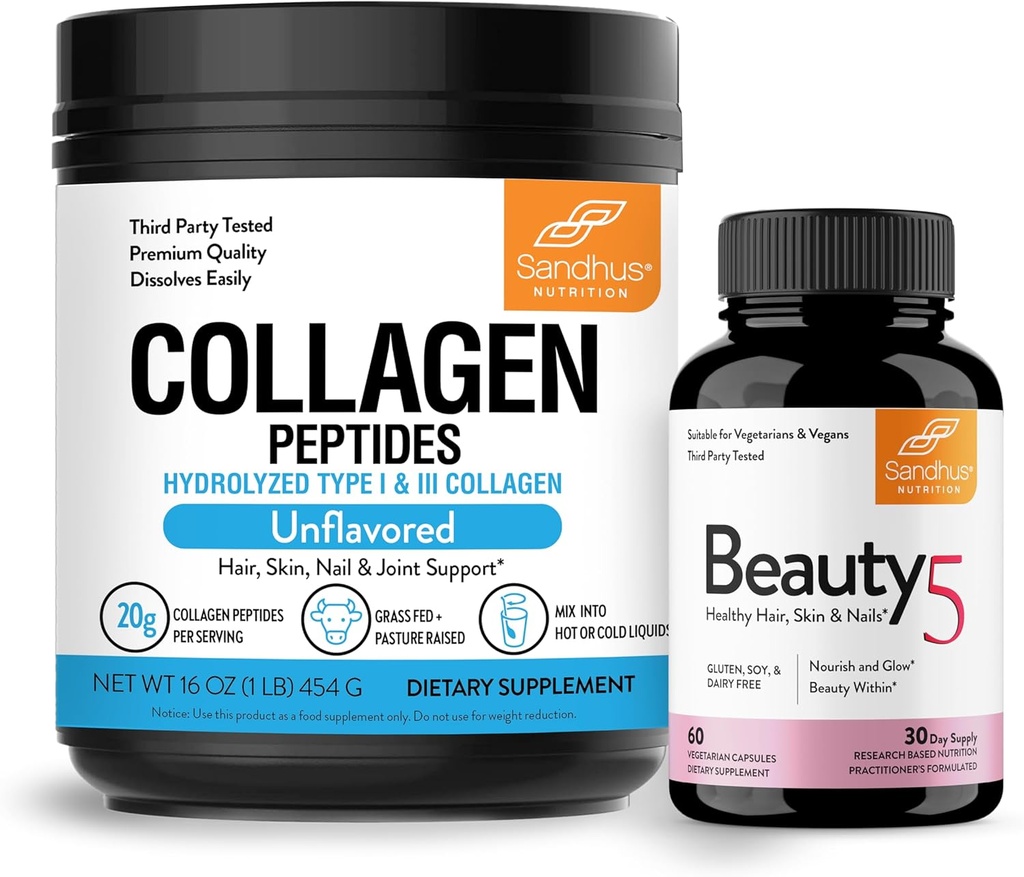 Sandhu's Grass-Fed Collagen Peptides Powder & Beauty 5 Capsules duración Suplementos de Skin permanente promueve Skin, Hair, Nail Health