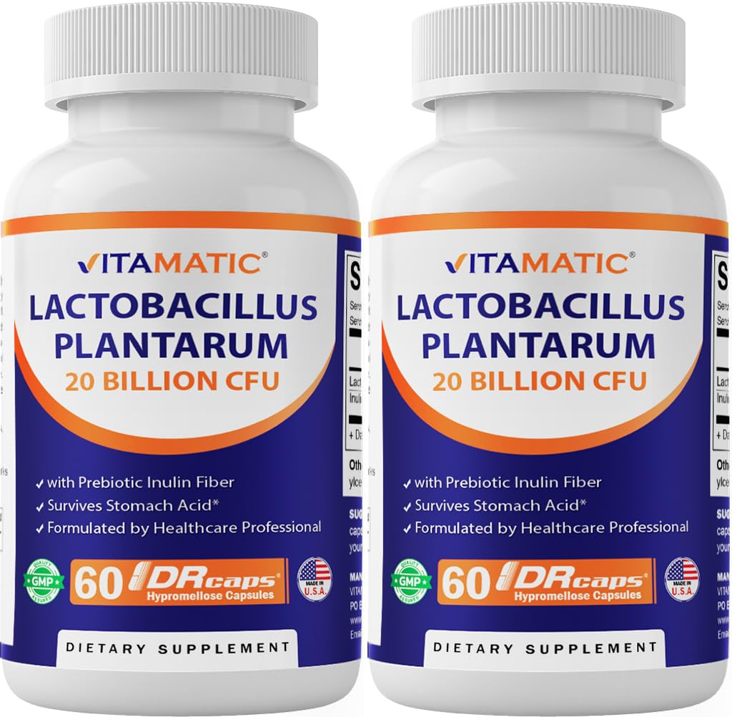 Vitamatic Lactobacillus Plantarum - 20 Billones por cápsula DR - 60 Cuenta - Apoyo Digestivo - Hecho con Prebiótico Inulin Fiber-2 Pack