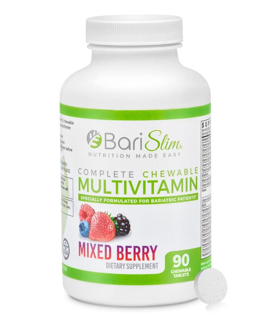 Tablas multivitamínicas bariSlim - 45 mg Hierro - Vitamina Bariatrica Suplemento para Cirugía Postcaria Incluye Bypass Gástricos &amp; Sleeve Gástrica ← Berry mixto (90 Conde)