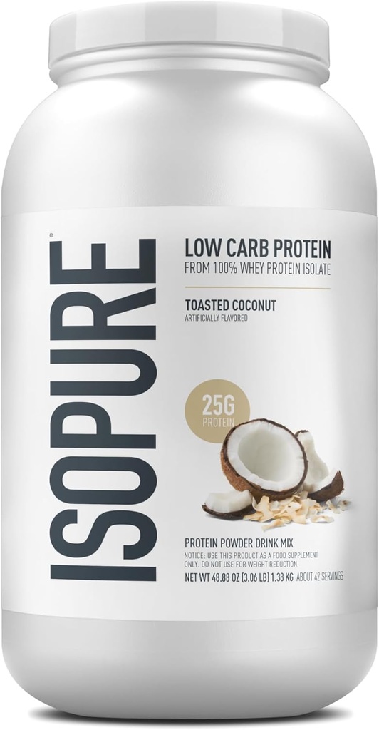 Isopure Low Carb 100% Pure Whey Isolate Protein Powder, Lactose Free, Gluten Free, With Vitamins, Toasted Coconut, 25g Protein Por Serving, 3 Lbs, 42 Servings