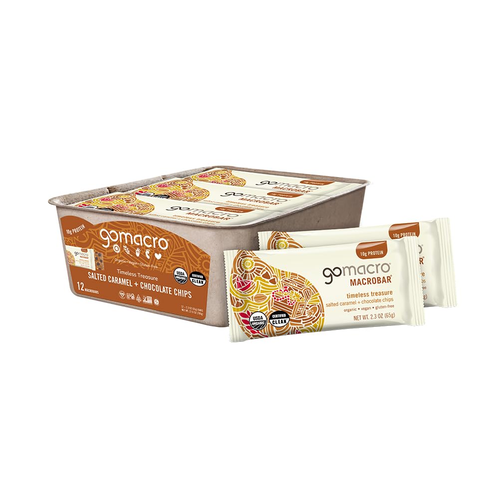 GoMacro MacroBar Proteína Vegana Orgánica Bares - Salted Caramel + Chocolate Chips (2.3 Ounce Bares, 12 Cuentas)