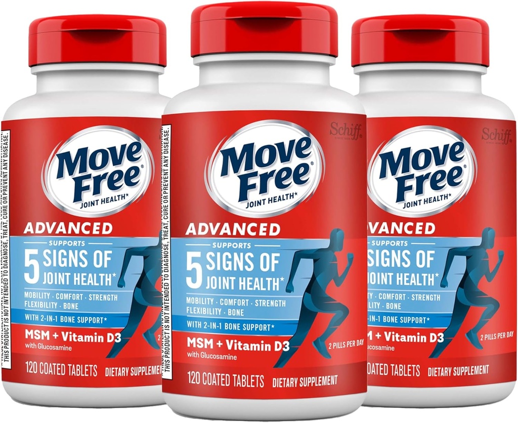 Move Free Advanced Glucosamine Chondroitin MSM + Vitamina D3 Joint Support Supplement, Supports Mobility Comfort Strength Flexibility & Bone + Immune Health - Tablet, 3x120ct Bottles (120 porciones)*