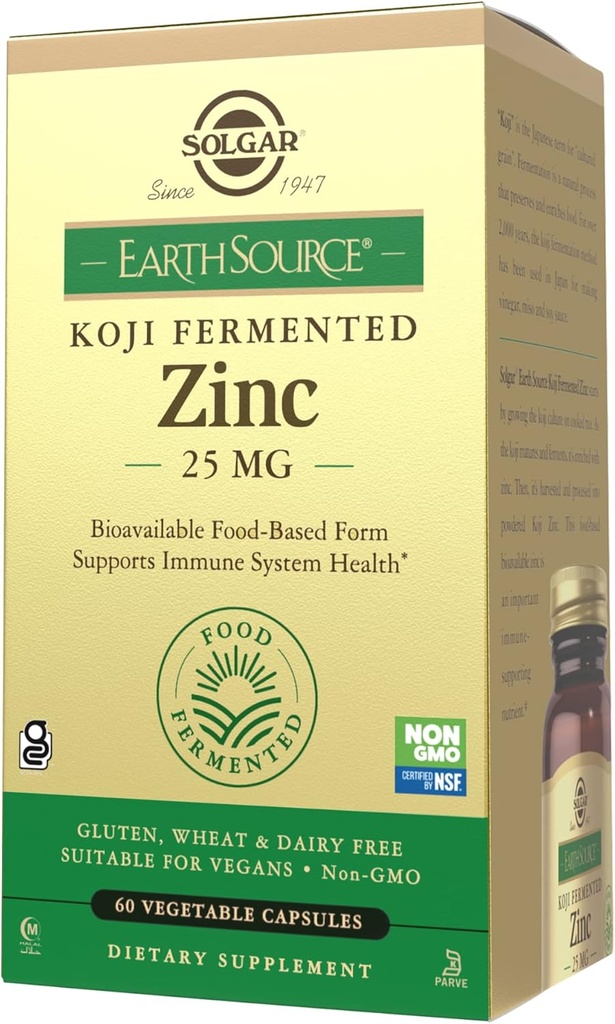 Solgar Earth Source Food Fermented Koji Zinc 25mg, 60 cápsulas vegetales - mayor absorción, zinc biodisponible para la salud de la piel inmune - non-GMO, Vegan, Gluten No, Dairy No, Kosher - 60 servicios