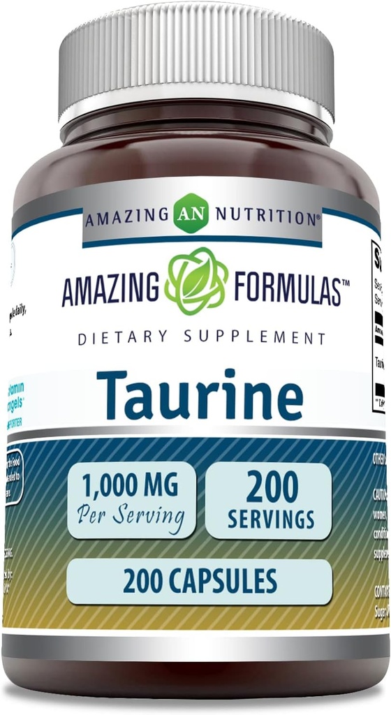 Amazing Formulas Taurine 1000 Mg per Serving 200 Capsules Amino Acid Suplemento Silencio No-GMO Silencio Gluten Free ← Made in USA