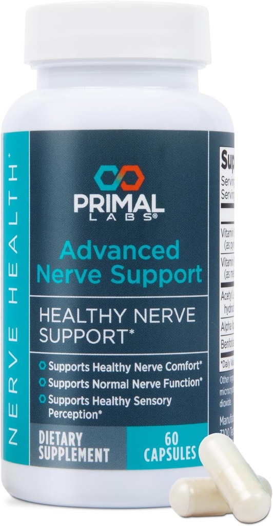 Primal Labs Advanced Nerve Support - Suplemento Nerve Wellness con Benfotiamine, B6, B12, Ácido Alfa Lipoico, Acetyl-L-Carnitine - Bienestar nervioso, pies, piernas, función sensorial, confort - 60 ct.