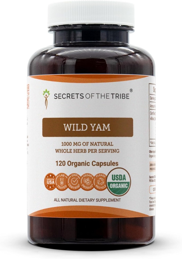 Secrets of the Tribe Wild Yam USDA Organic 120 Capsules  Made with Organic Vegetarian Capsules and Responsibly farmed Wild Yam (Dioscorea Villosa) Dried Root (120 Capsules)