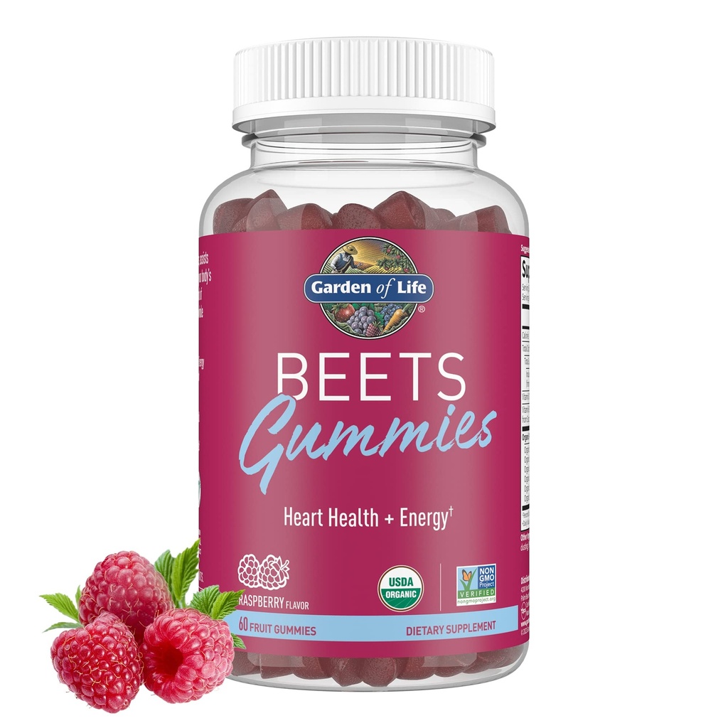 Garden of Life Orgánica de Beet Gomas de raíz Hecho de Pectina con Antioxidantes, Vitamina C, Vitamina D &amp; B12 para la salud del corazón &amp; energía – Beets Gummies – Vegan, Gluten Gratis, No GMO, Raspberry, 30 Serviciones