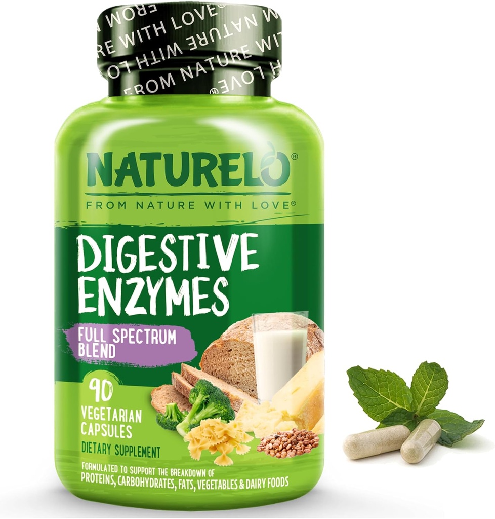 NATURELO Enzimas digestivas - Soporte completo de espectro con una mezcla de 15 enzimas más jengibre - 90 cápsulas veganos