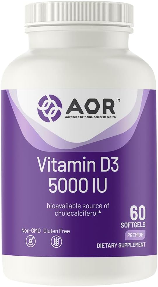 AOR, Vitamina D3 5000 UI, apoya el sistema inmunitario y el equilibrio de la humedad, soporta la absorción adecuada del calcio, 60 servicios (60 softgels)