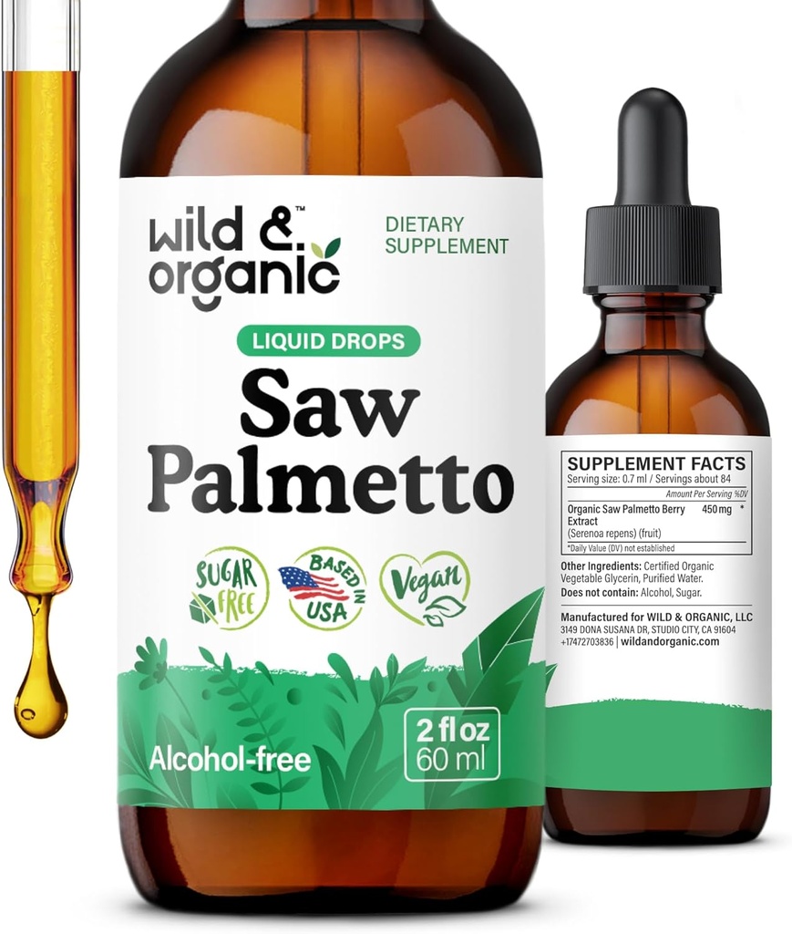 Wild & Organic Saw Palmetto Extract Drops - Soporte urinario - Saw Palmetto for Men & Women - Liquid Serenoa Repens Berries Suplemento - Vegan, Sugar & Alcohol-Free - 2 fl oz
