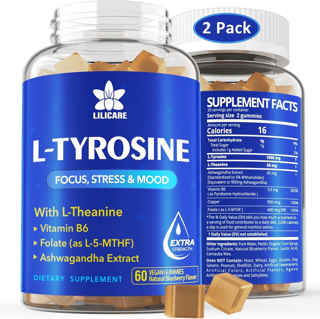 L Tyrosine Gummies 1100mg Mood Support Blend, con Ashwagandha, L-Theanine, Complejo de vitamina B6, Folate (Vitamin B9), Focus & Memory, Cognition & Brain Function, Energy Boost,Stress Support, 2Pc/120ct