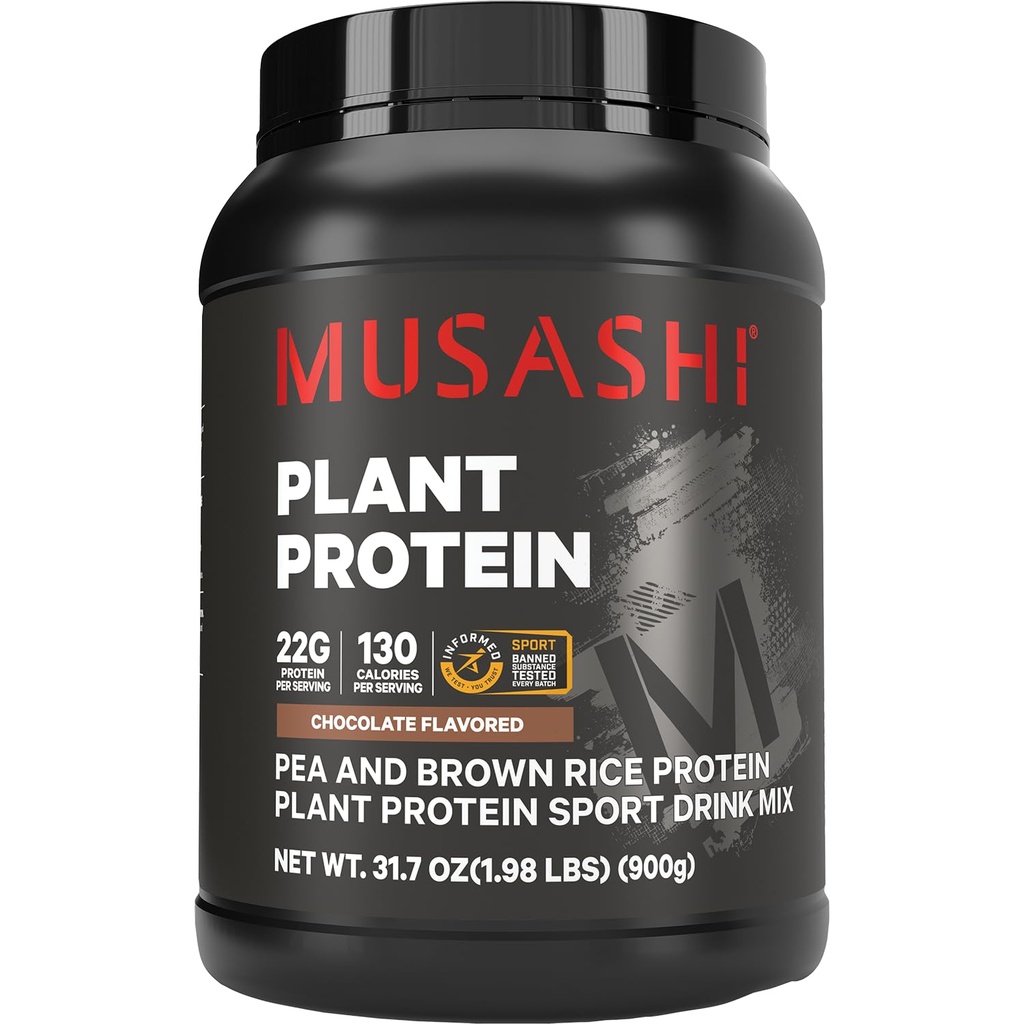 Musashi Plant Protein Powder, Chocolate, 900g (1.98 lb), Pea, Brown Rice and Chia Protein Blend with BCAAs & L-Glutamine, 23g Protein, 130 Calories per Serving