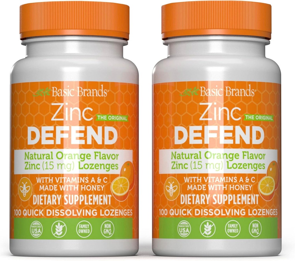 Marcas básicas – Zinc Orange Defend - 100 Lozenges - Natural Orange Flavor Zinc–Lozenges - Immune Boost, Cold Relief, Non-GMO, Zinc Acetate & Vitamina C - 2-Pack