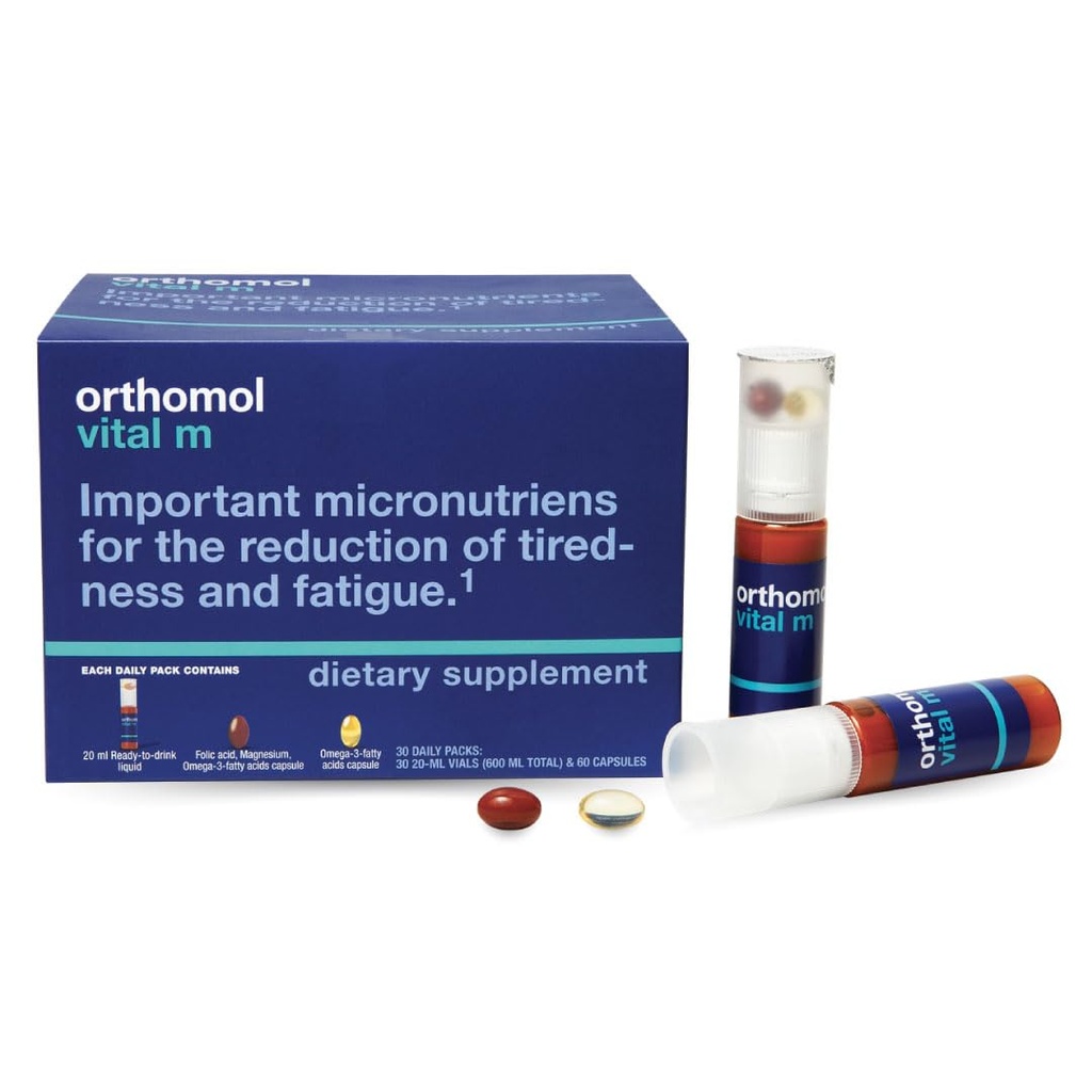 Orthomol Vital M Vial – Suplemento de vitaminas para hombres de 30 días con A, B, C, D, E, K, Iodine &amp; Omega-3 – Soporta energía masculina &amp; vitalidad