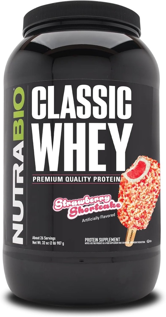 NutraBio Classic Whey Protein Powder Suplemento - 25g de Protein Per Scoop - Perfil de Aminoácidos de Full-Spectrum con No Fillers, Colores Artificiales o Preservadores - Torta de Fresa, 2 Libras