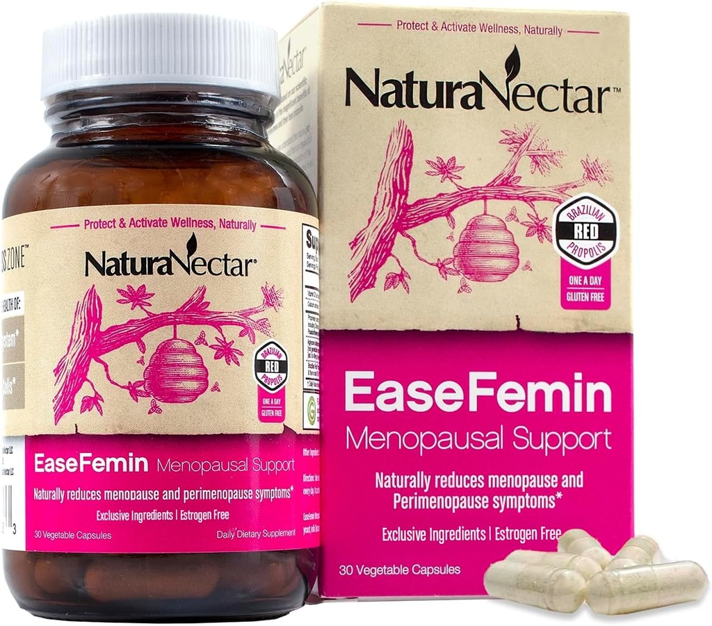 NaturaNectar - EaseFemin Menopausal Support Suplementos para Mujeres - Estrógeno libre de abejas rojas Capsules para sorbos calientes de la noche - Natural y con calmante propietaria Herbal Blend (30pcs.)