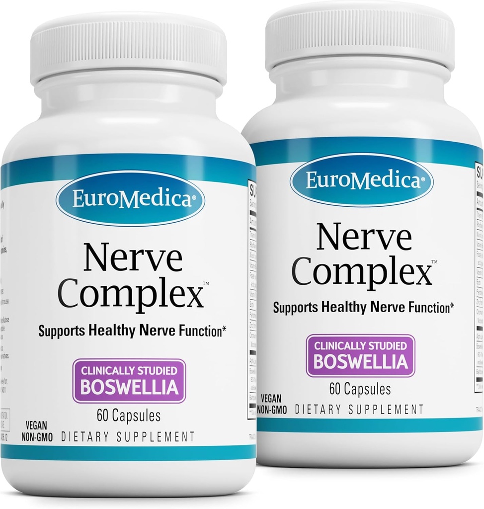 Complejo EuroMedica Nerve - Suplemento herbal con vitamina bioactiva B12 - Circulación & Nerve Health Support Suplemento - Capsules veganos con Boswellia Serrata - 60 cápsulas, 2 paquete (120 cuenta)