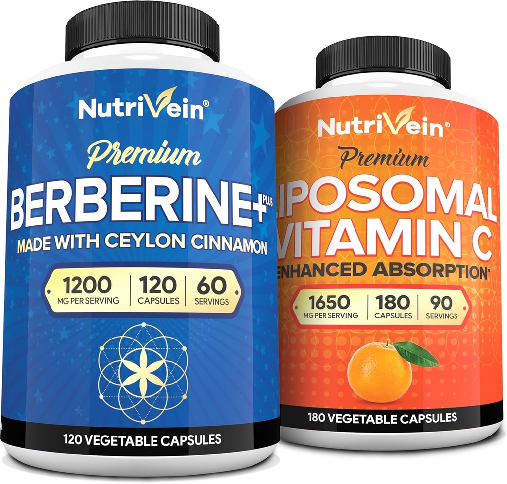Nutrivein Premium Berberine HCL & Liposomal Vitamina C Suplemento: High-Absorption Vitamin C Capsules & Berberine Supplement Bundle for Immunity, Metabolism, & Balanced Well-Being