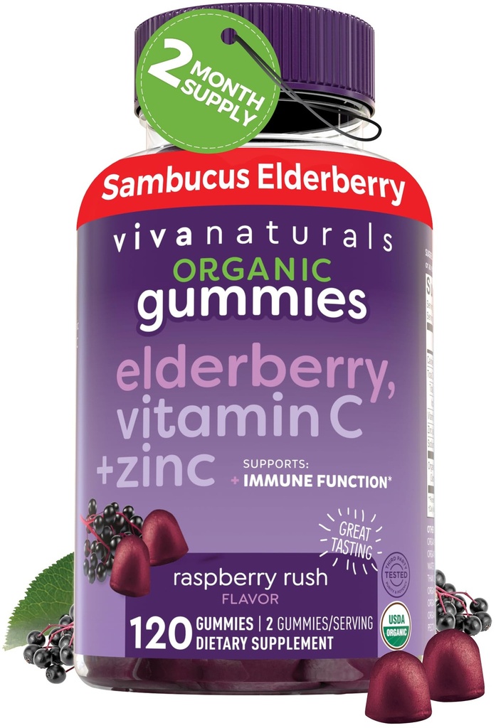 Viva Naturals Orgánica Sambucus Gummies para Adultos (120 Conde) - 3in1 Black Elderberry Vitamina C y Zinc Immune Apoyo Gummies, Chewable Elderberry Suplementos, Zinc Immunity Gummies