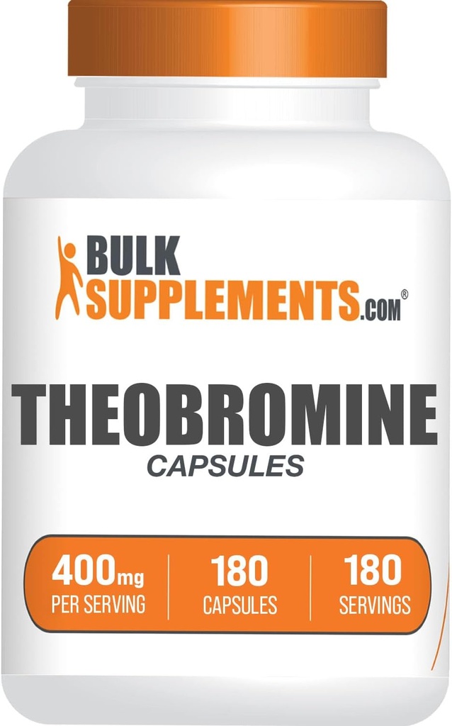 BulkSupplements.com Theobromine Capsules - Theobromine Supplement, Nootropic Supplement, Theobromine 400mg - Brain & Energy Support - Gluten Free, 1 cápsula por servicio, 180 cápsulas