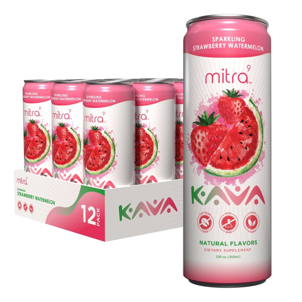 MITRA-9 Bebidas Botánicas - Strawberry Watermelon Sparkling Bebe Kava Con Kava Root Extract - Mood Enhancer - Planta de base - Promueve la calma natural y la claridad (12 Fl. Oz) (12)