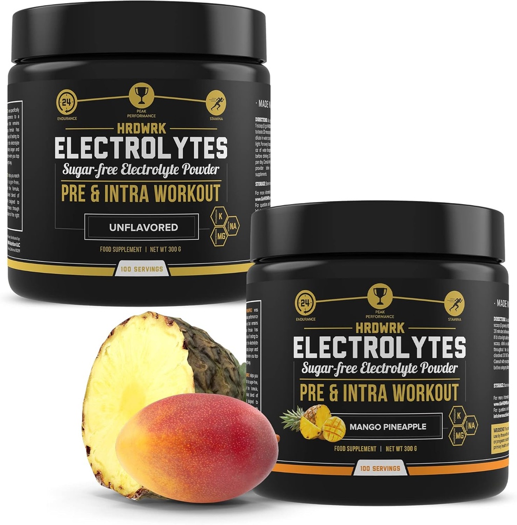 HRDWRK - 100 Servings Keto Electrolytes Powder Hydration Sugar Free - Electrolyte Powder to Boost Endurance & Reducir Fatiga con Electrolytes Suplemento - Unflavored & Mango Piña Set
