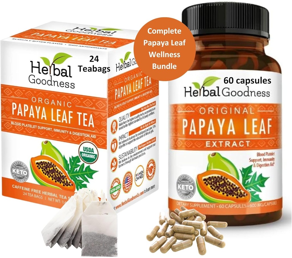 [BRSRAGIYO4FBOGTV] Papaya Leaf Extract Capsule y Papaya Leaf Tea Bundle - Totalmente Soporte Salud Inmune y Bienestar Digestivo