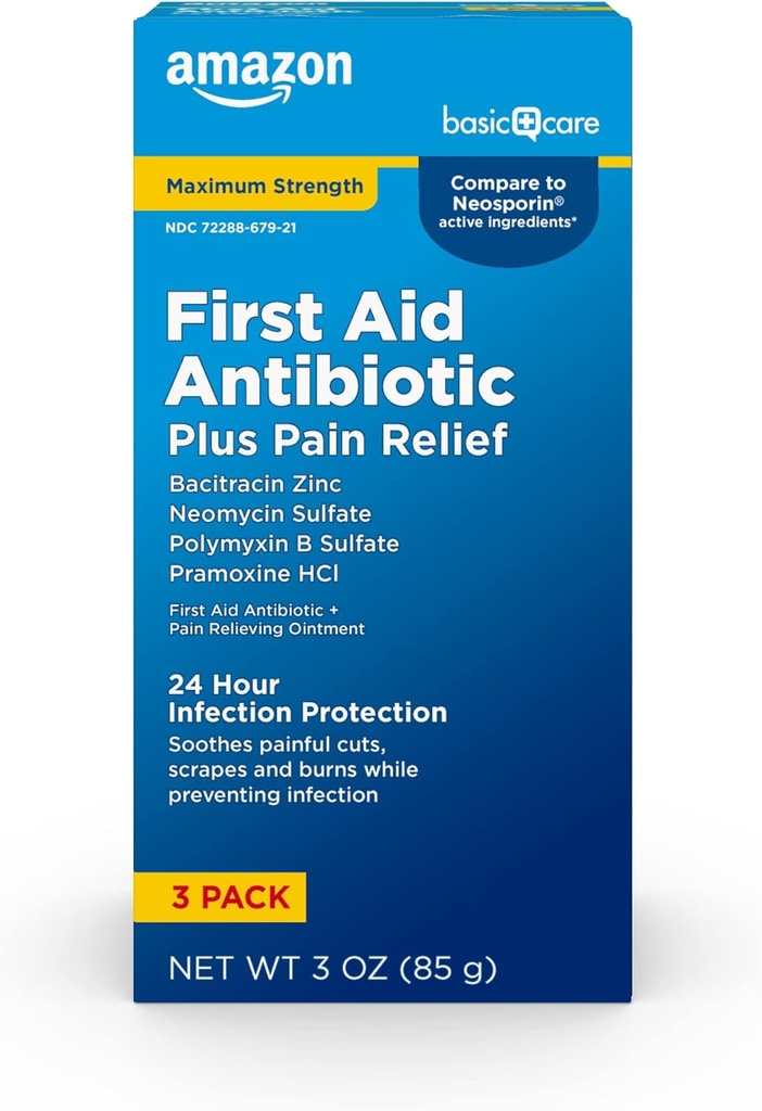 Amazon Basic Care Maximum Strength First Aid Triple Antibiotic Ointment, Doin Relief For Minor Cuts, Scrapes and Burns, 3 onzas (Pack of 1)
