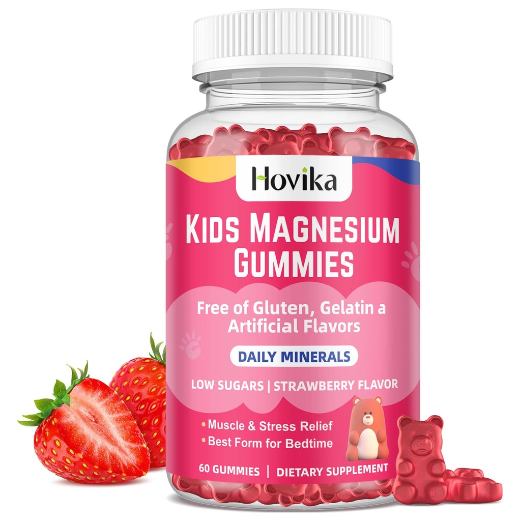 Gummies de magnesio para niños - Citrato de magnesio + Vitamina B6 & D3 - Gran Tasting Kids Magnesium Calm Gummies for Nerve Bone and Muscle Health for Kids Wellness, Vegan Strawberry Flavor 60 Count