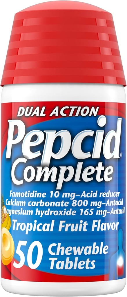 Pepcid Acid Reductor completo + Atacid Chewables, 10mg Famotidine, 800mg Calcium Car-bonate & 165mg Magnesium Hydroxide per Heartburn Medicine Tablet, Antacid Chews, Tropical Fruit, 50 ct